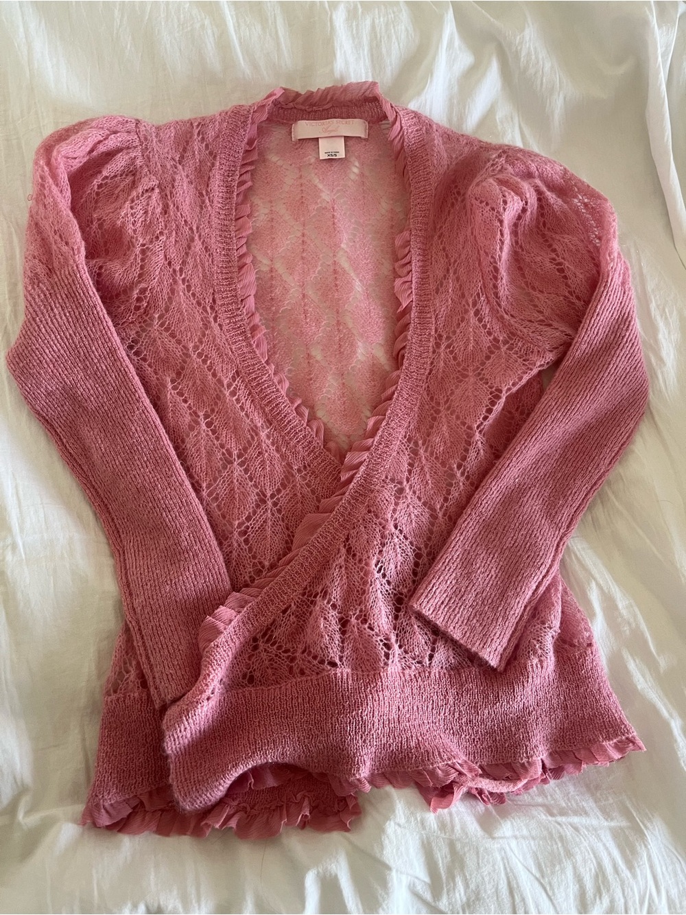 Romantic Lace-Knit Pink Cardigan with Ruffle Trim